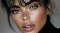 Close up portrait of young mixed race woman with freckles, natural makeup, pink lips and messy dark hair against light background. Perfect for beauty and cosmetics.