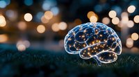 Glowing brain shape on grass with bokeh lights in background creates magical evening atmosphere, concept of mind, intelligence and creativity.