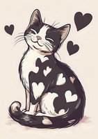 Smiling black and white cat with heart pattern fur, sitting contentedly on beige background surrounded by floating heart shapes.
