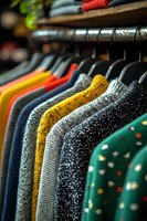 Colorful winter sweaters and knitted clothing hanging on rack in retail store, featuring speckled patterns and festive designs in yellow, green, and navy colors.