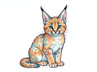 Lynx kitten with pointed ears and orange spotted coat sitting on white isolated background, suitable for wildlife design, children's illustrations, and educational materials.