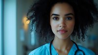 Young African American female medical professional with natural curly hair wearing turquoise scrubs and stethoscope, looking confidently at camera in hospital setting with soft bokeh lighting.