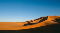 Golden sand dunes with dramatic shadows under clear blue sky, suitable for travel, nature, and desert landscape backgrounds.