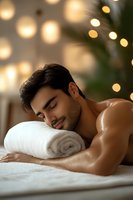 Young Hispanic male relaxing on massage table with white towel, bokeh lights and palm leaves in background, wellness spa atmosphere for health advertising.
