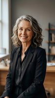 Confident mature businesswoman with gray hair smiling in modern office environment wearing professional black blazer for corporate and leadership concepts.