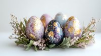 Luxurious Easter eggs decorated with gold leaf and pastel colors, arranged with delicate dried flowers and greenery on white background. Perfect for holiday designs.