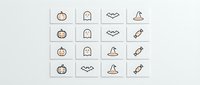 Halloween autumn icons set with pumpkins bats witch hats and candy on white background for seasonal design projects and decorations.