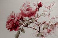 Delicate watercolor painting of red roses with buds and leaves on neutral background, creating romantic floral art for greeting cards and wall decor.