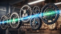 Industrial gears with glowing blue energy streams representing automation, technology integration and manufacturing processes in modern factory.
