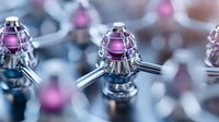 Futuristic metallic chrome structures with glowing pink orbs in symmetric pattern create modern technological abstract background for tech presentations.
