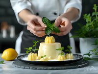 Chef garnishing lemon panna cotta dessert with fresh mint leaves on dark plate. Elegant restaurant presentation with citrus decorations and herbs.
