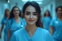 Young female medical professional in blue scrubs smiling confidently at camera in hospital hallway with team of healthcare workers in background. Cool teal lighting.