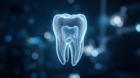 Glowing translucent tooth anatomy with roots and internal structure on dark blue background with bokeh lights for dental healthcare and medical education.