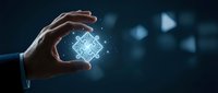 Businessman hand holding glowing digital network cube with connected nodes, representing data technology, innovation, and cloud computing solutions for business.