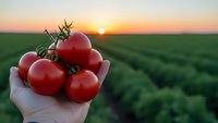 Fresh ripe red tomatoes in farmer hand at sunset over agricultural field rows. Organic vegetable harvest concept for healthy eating and farming.