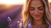 Young blonde woman enjoying peaceful moment in lavender field at golden hour sunset with soft natural lighting and serene expression for wellness content.