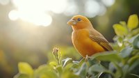 Orange finch perched on green branch in soft morning sunlight, side view of small songbird against natural bokeh background with fresh spring foliage.