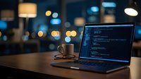 Laptop with code on screen and coffee cup on wooden desk in modern office with blurred city lights background for programming and development work.