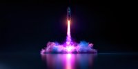 Rocket launch with vibrant purple and blue smoke reflection on water surface against dark background, dramatic neon lighting creates futuristic atmosphere.
