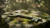 Antique brass key with ornate design resting on moss-covered stone surface in natural outdoor setting with soft bokeh background lighting.