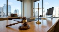 Modern law office interior with wooden gavel and brass scales of justice on desk overlooking city skyline through large windows for legal services.