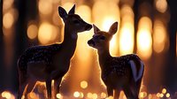 Two young deer fawns with spotted coats standing together in warm golden sunlight with beautiful bokeh background creating intimate wildlife moment.