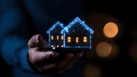Glowing miniature house with warm lights held in hands against dark background with bokeh effects and moonlight creates magical holiday atmosphere.