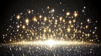Magical starry background with golden glowing sparkles and light burst effect rising from horizon, creating festive atmospheric scene for holiday designs.