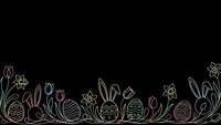 Easter line art border with eggs, bunny ears, flowers and tulips on black background for spring holiday greeting cards and seasonal designs.