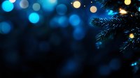 Magical blue and gold bokeh lights create dreamy holiday atmosphere with pine branches silhouette against dark background, festive winter mood.