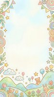 Whimsical pastel border frame with cute teddy bears, clouds, balloons, flowers, stars, and rainbow swirls on cream background. Isolated design element ready for greeting cards, invitations, posters, and children's stationery projects.