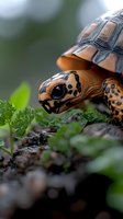 Close-up portrait of young leopard tortoise exploring green plants on natural soil background with soft bokeh effect, showing detailed shell pattern and eye.