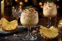 Creamy pineapple mousse dessert topped with whipped cream and crushed candy in elegant glass, served with fresh pineapple slices against dark background with bokeh lights.