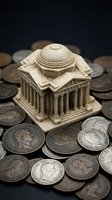 Miniature classical bank building with columns surrounded by vintage coins representing financial institutions and monetary systems.