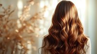Back view of woman with long wavy copper brown hair in soft natural light, showcasing healthy shiny hairstyle against blurred floral background.