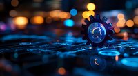 Glowing blue gear wheel on reflective surface with blurred bokeh lights in background creates futuristic technological mood for business and innovation concepts.