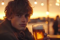 Young Caucasian man with tousled brown hair holding glass of beer at sunset, warm bokeh lights create atmospheric mood for lifestyle and beverage advertising.