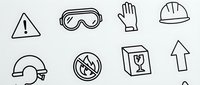 Safety equipment and warning symbols collection featuring protective gear, hazard signs, and workplace safety icons for industrial and construction use.