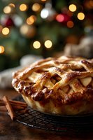 Freshly baked apple pie with lattice crust cooling on wire rack against blurred Christmas lights background, cinnamon sticks nearby.