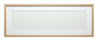 Empty wooden picture frame with white mat and glass, ready for artwork display. Horizontal rectangular frame isolated on white background for design projects.