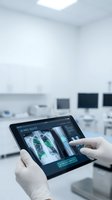 Doctor using AI medical tablet displaying chest X-ray and bone scan in modern hospital radiology department for diagnostic analysis and patient care.