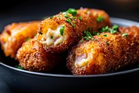 Crispy breaded chicken cutlets stuffed with melted cheese and ham, garnished with fresh herbs served on black plate, close up view in natural lighting.