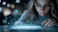 Young woman interacting with glowing digital particles and lights emerging from touchscreen device, creating magical atmosphere in dark environment with bokeh effects.