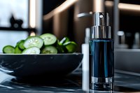 Luxury blue glass cosmetic bottle with silver pump dispenser on modern kitchen counter next to fresh cucumber slices in black bowl for skincare routine.
