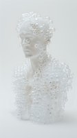White sculpture bust covered in translucent bubbles and spheres creating ethereal texture against light background, modern artistic interpretation of classical form.
