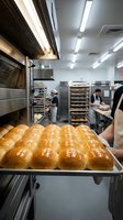 Fresh baked golden bread rolls on tray in commercial bakery kitchen with professional bakers working in background. Food production and hospitality industry concept.