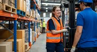 Young female warehouse worker in safety vest smiling while operating forklift in modern distribution center with male colleague nearby.