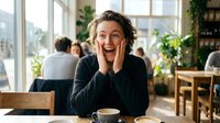 Excited young Caucasian woman with hands on cheeks showing surprise and joy while sitting at cafe table with coffee cup in bright modern restaurant.