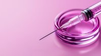 Medical syringe with needle on pink metallic surface with reflective circular rings, dramatic lighting creates modern minimalist composition for healthcare concept.