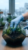 Scientist in blue latex gloves tending succulent plants in geometric glass terrarium with city skyline background, suitable for biotechnology and environmental research projects.